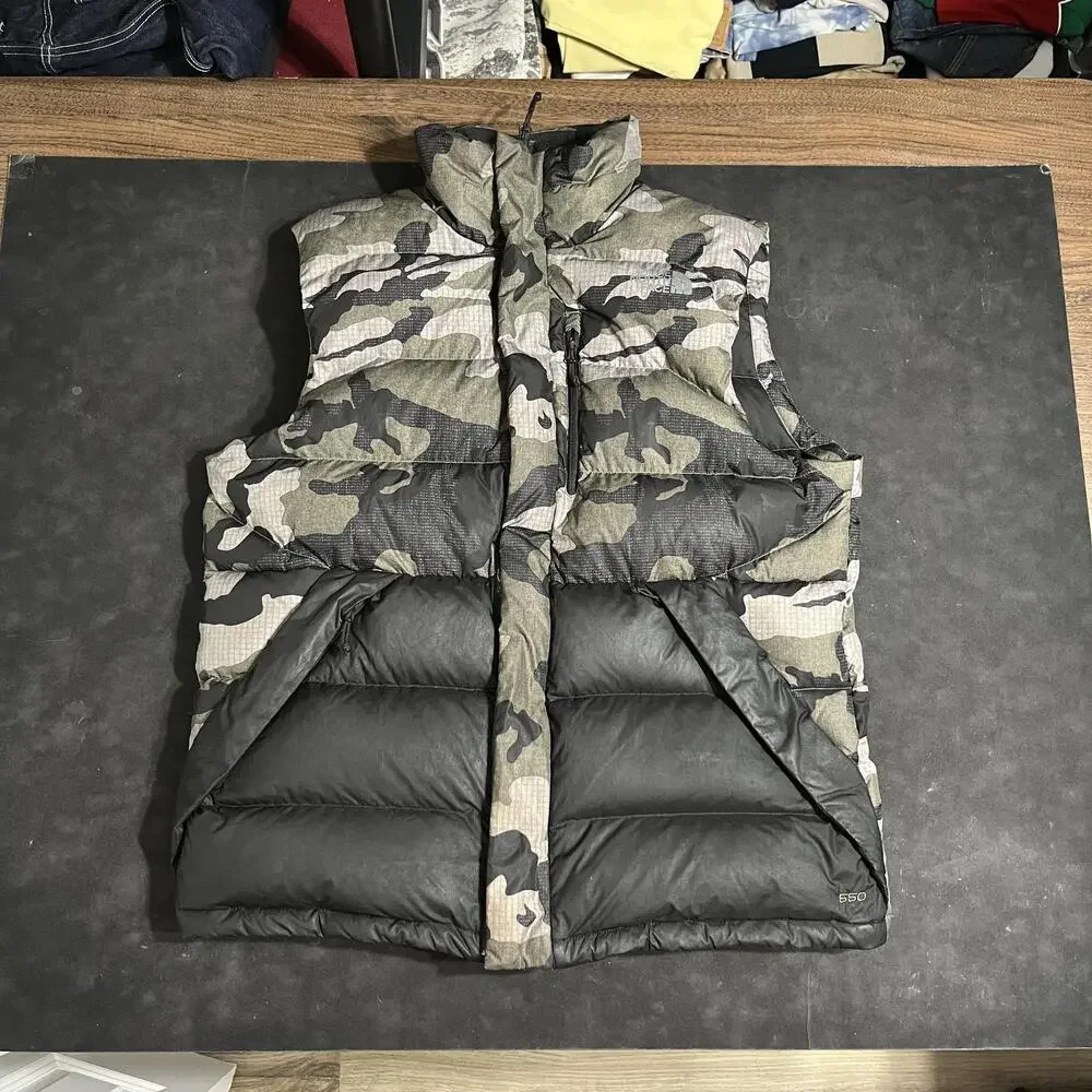 The North Face Nuptse 550 Down Puffer Vest Men Large Camo Ripstop Hiking Vintage